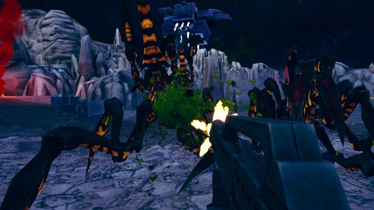 Starship Troopers: Ultimate Bug War! night battle as player fires at a bug pack for Gert Lush Gaming.