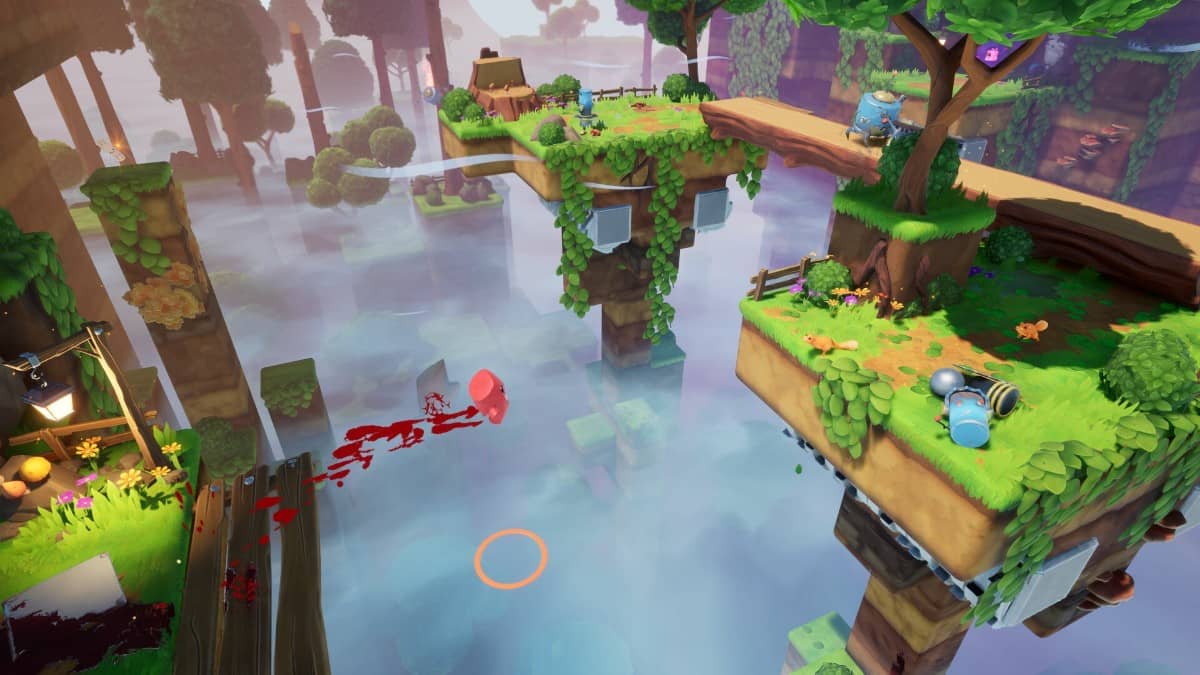 Super Meat Boy 3D shows Meat flying across a lush green level as Gert Lush Gaming highlights a time-saving leap.