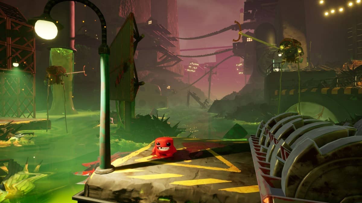 Super Meat Boy 3D shows Meat sprinting through a toxic metropolis as Gert Lush Gaming spots an enemy ahead.