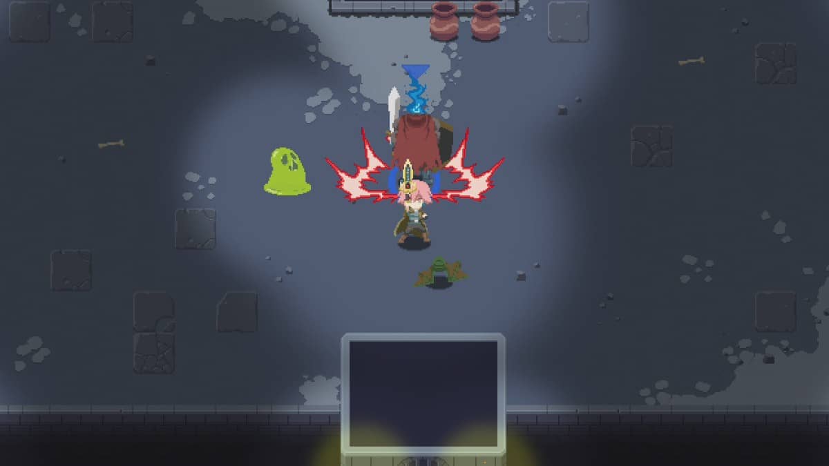 The player battles green slimes in Sword of the Necromancer as Gert Lush Gaming unleashes a red crackle of vengeance.