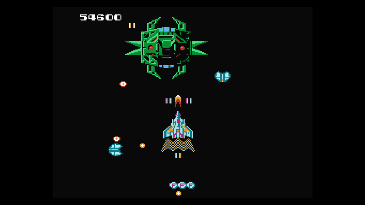 Gert Lush Gaming faces terra cresta’s looming robot boss in a stark black-background showdown.