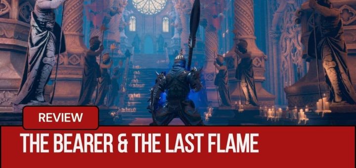 A fully armoured warrior with a massive spear stands before towering statues in The Bearer & The Last Flame for Gert Lush Gaming.