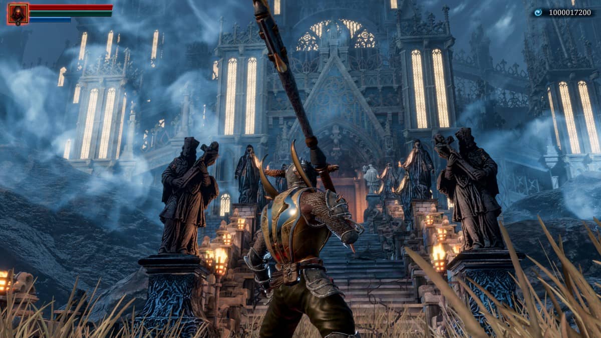 The Bearer & The Last Flame shows the player facing a looming chapel shrouded in fog and statues for Gert Lush Gaming.