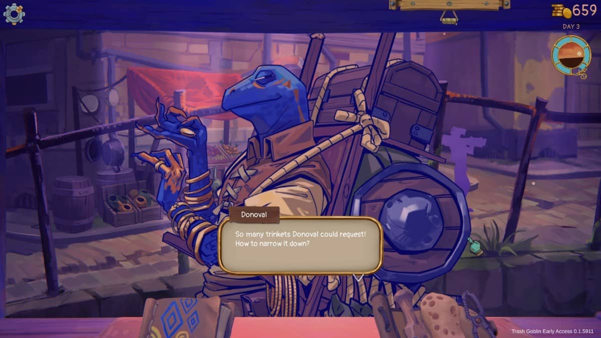 A customer chats with the player in Trash Goblin as Gert Lush Gaming highlights the game’s quirky art style.