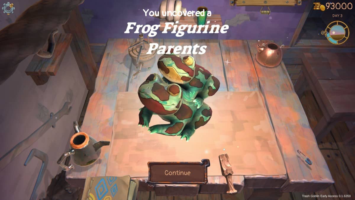 Gert Lush Gaming inspects a dirty frog statue in Trash Goblin as the player prepares a sponge to clean it.