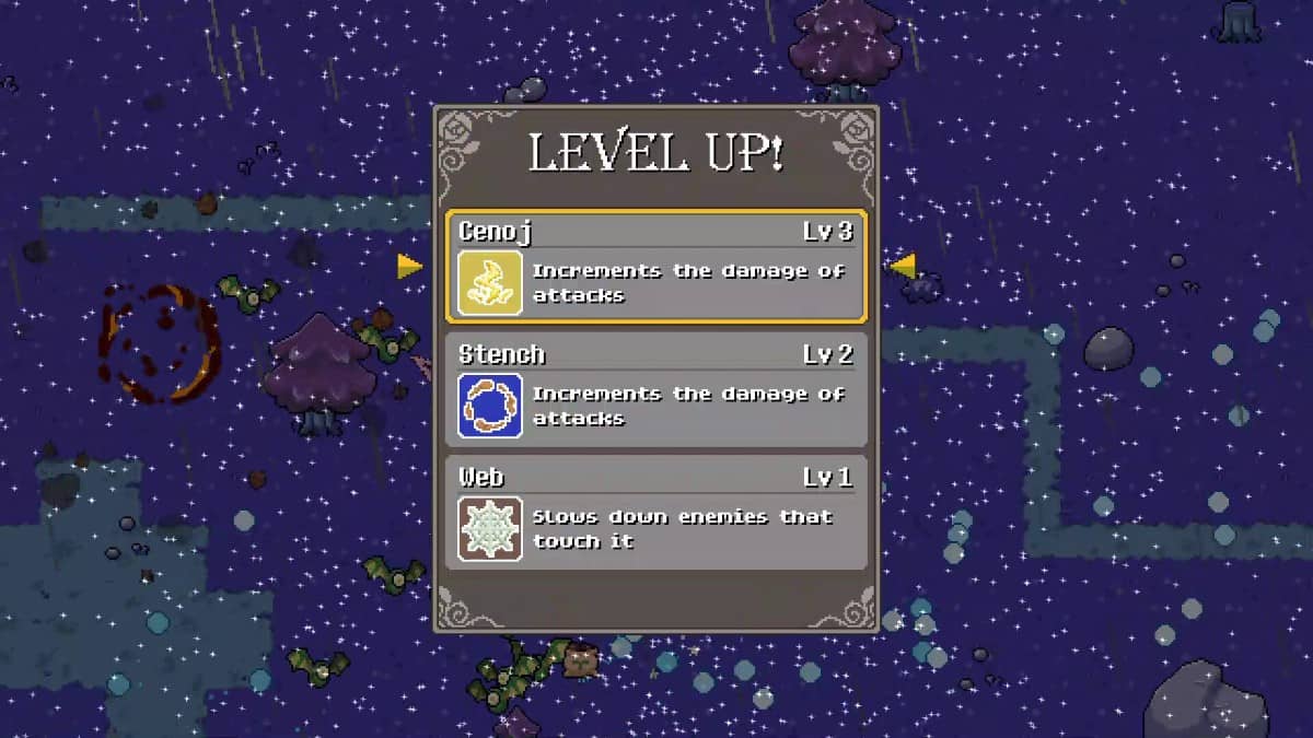 A Gert Lush Gaming look at the Whispike Survivors level up screen featuring three random upgrade choices.