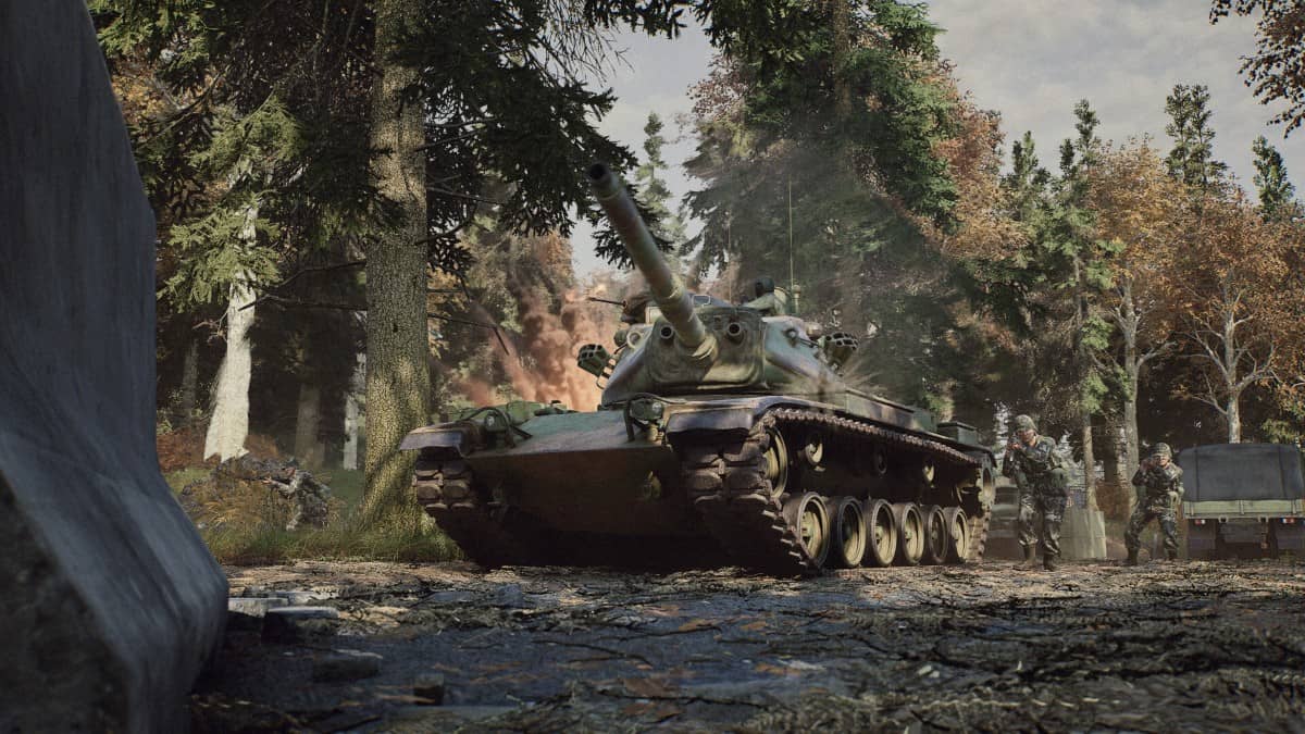 Detailed view of a drivable tank in '83, showcasing the heavy armor and firepower featured by Gert Lush Gaming.