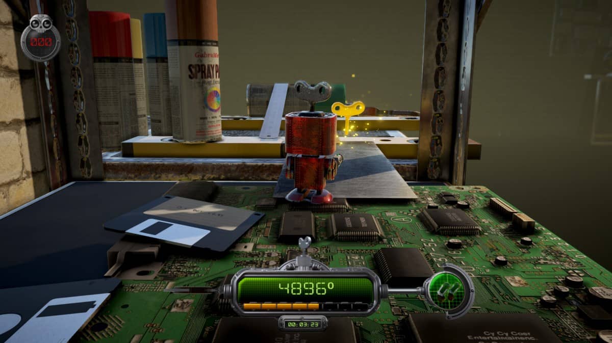 A-RED Walking Robot crosses a metal ruler bridge toward a golden key on a chipset for Gert Lush Gaming.