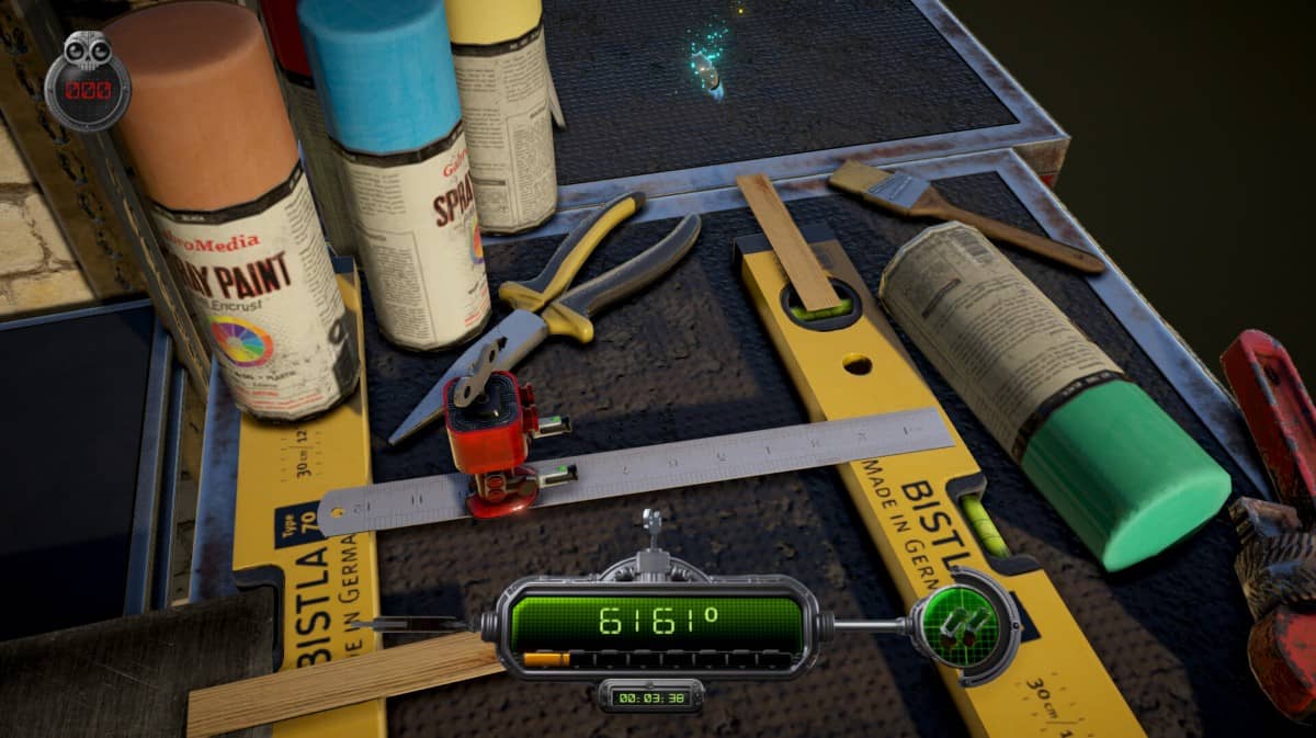 A-RED Walking Robot navigates a garage worktop littered with tools and rulers for a Gert Lush Gaming level preview.
