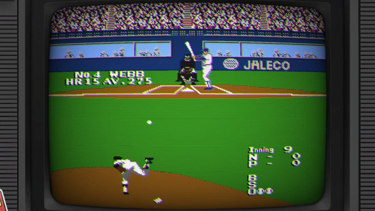 A pitcher fires a missile-like throw at the batter in Jaleco Sports: Bases Loaded 2 for Gert Lush Gaming.
