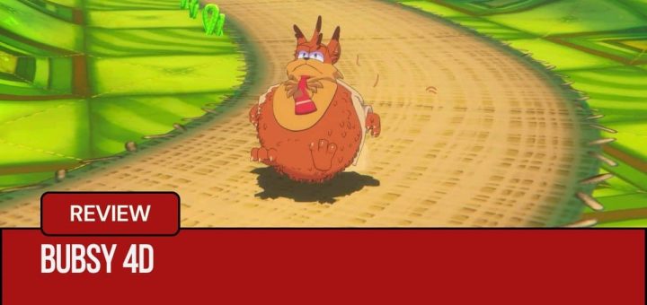 Bubsy 4D shows Bubsy rolling into a ball across the green hills on Gert Lush Gaming.