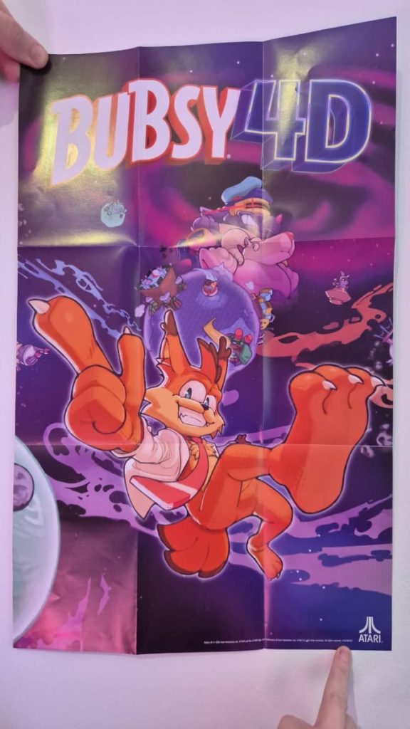 One side of the Bubsy 4D poster replicates the vibrant front box art for the Gert Lush Gaming review.