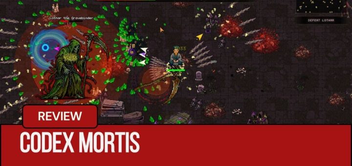 Gert Lush Gaming faces a massive green reaper amidst intense bullet-hell chaos in Codex Mortis.