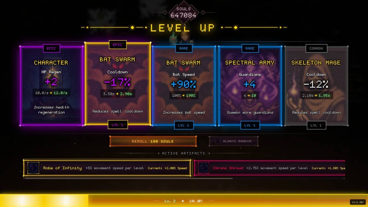 The level up screen in Codex Mortis displays various ability rarities and power scaling options for Gert Lush Gaming.