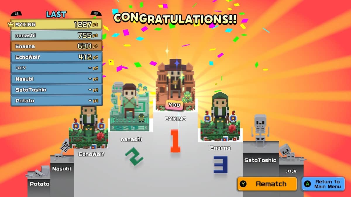 Voxel art characters stand on the Dialoop podium as Gert Lush Gaming reviews the final battle scores.