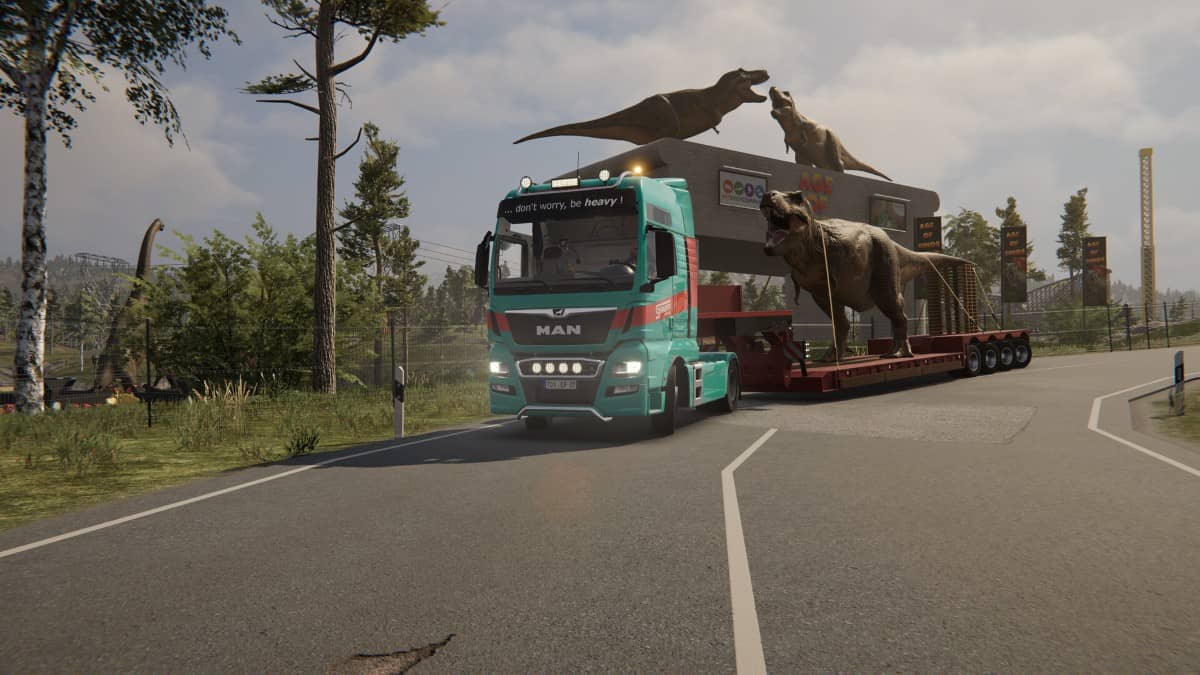Gert Lush Gaming hauls multiple massive dinosaur exhibits in a third-person view of Heavy Cargo - The Truck Simulator.