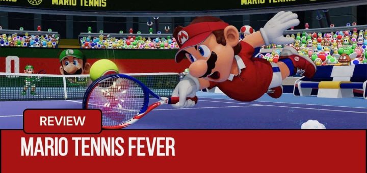 Mario dives dynamically across the court in this Mario Tennis Fever gameplay screenshot from Gert Lush Gaming.