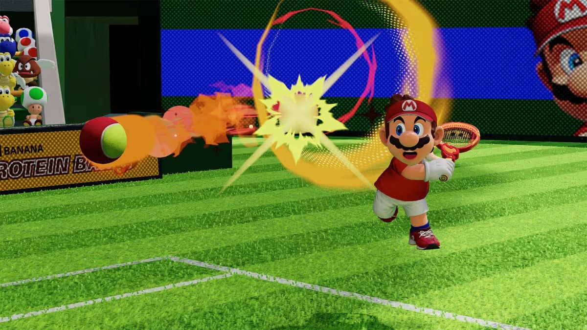 Mario unleashes a flaming super shot serve during a Mario Tennis Fever match on Gert Lush Gaming.