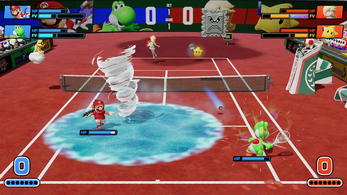 Mario maneuvers through a massive watery tornado special shot during a Mario Tennis Fever match on Gert Lush Gaming.