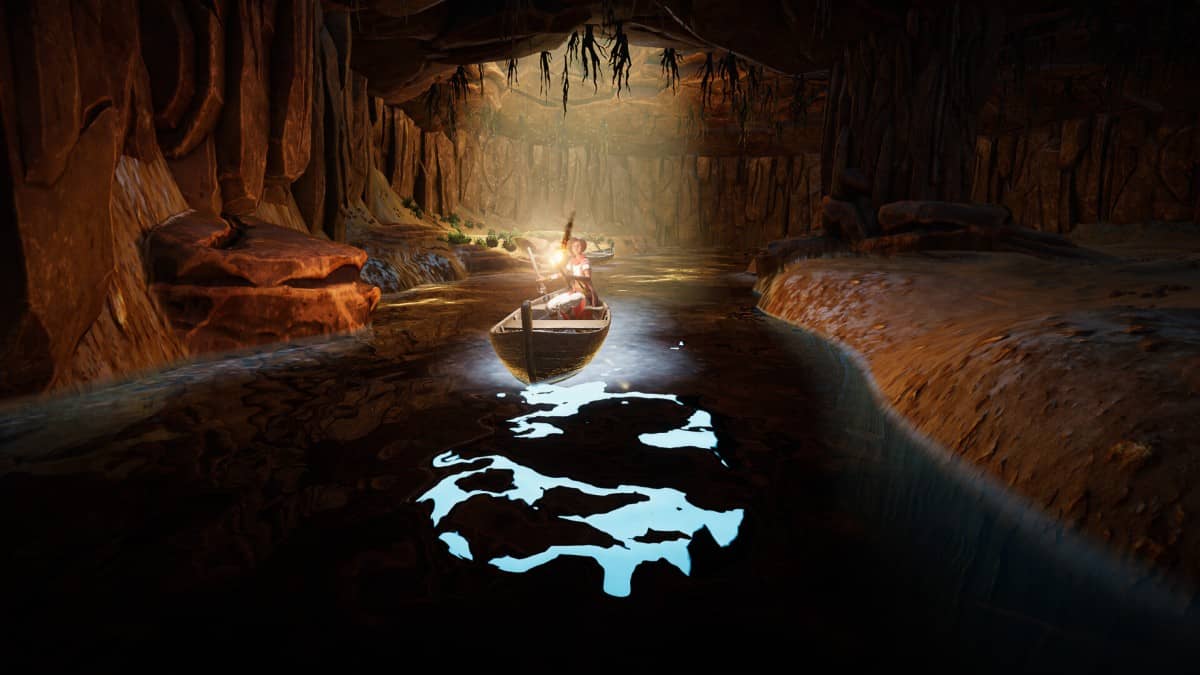 Nadira navigates a boat using an oar in the subterranean world of Mirage 7 with Gert Lush Gaming.