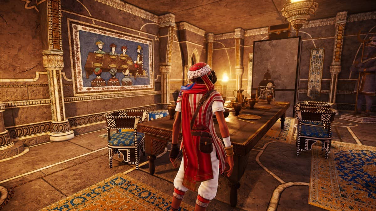 Nadira inspects ancient maps and trinkets in a cluttered room during a Gert Lush Gaming Mirage 7 playthrough.
