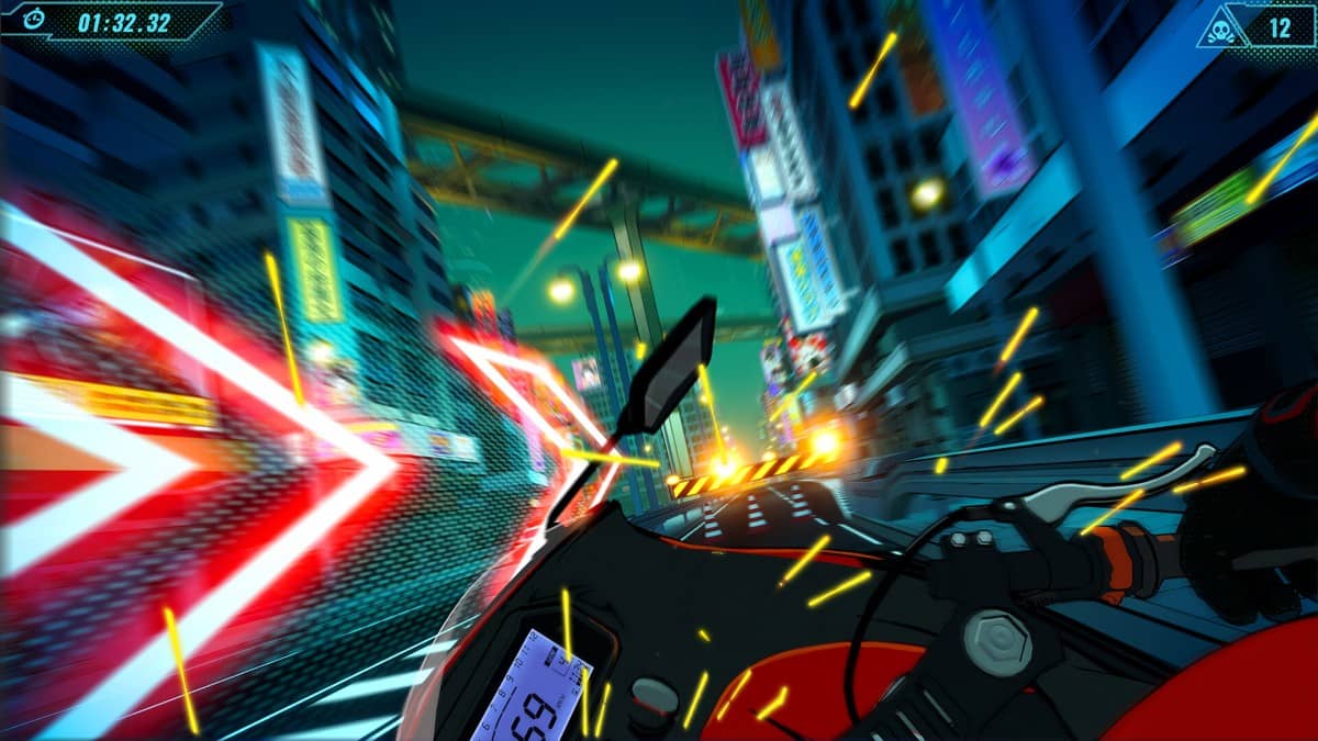 Bright sparks fly as a bike slides across directional arrows during a Moto Rush Reborn drift.