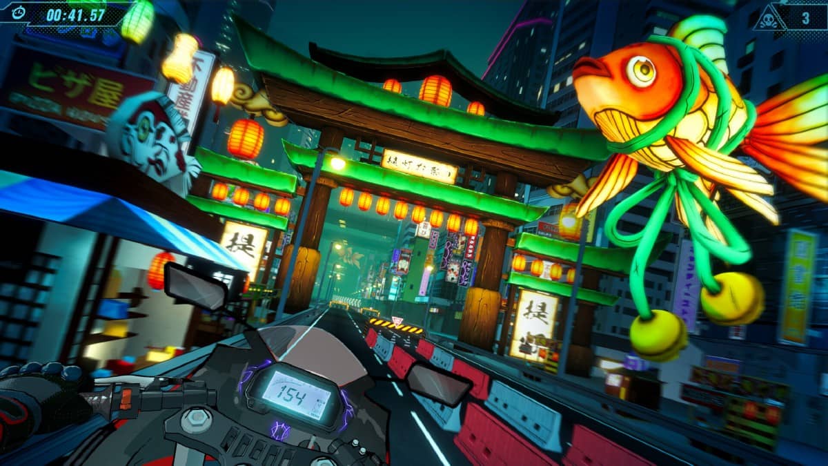 Detailed dragon statues and elegant architecture line the downtown streets of Moto Rush Reborn.