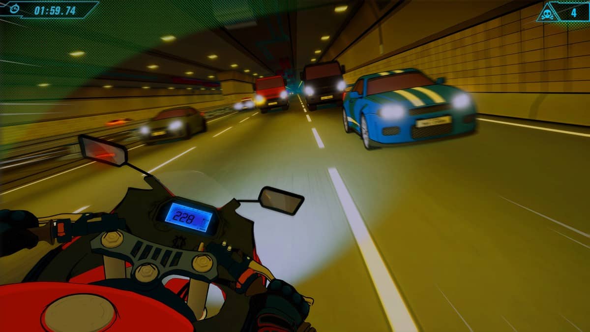 A biker weaves through oncoming trucks and cars in this high-stakes Moto Rush Reborn gameplay.