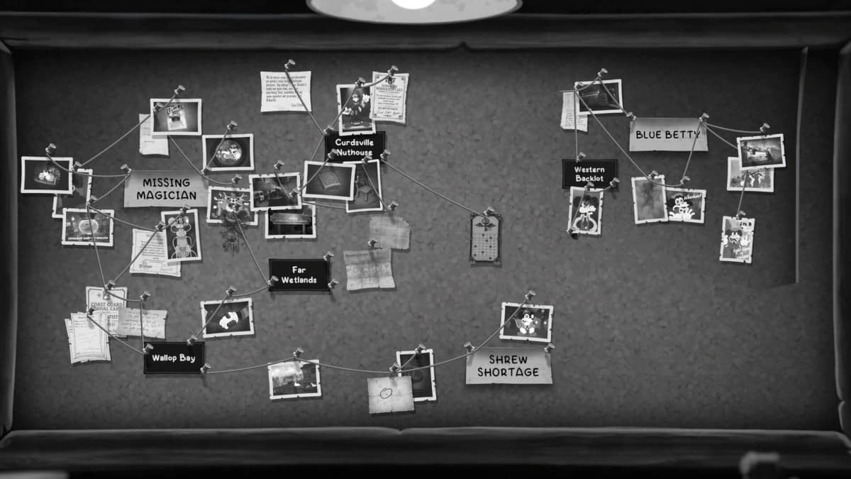 Gert Lush Gaming examines the crime board in MOUSE: P.I. For Hire, linking suspects and clues to solve the case.