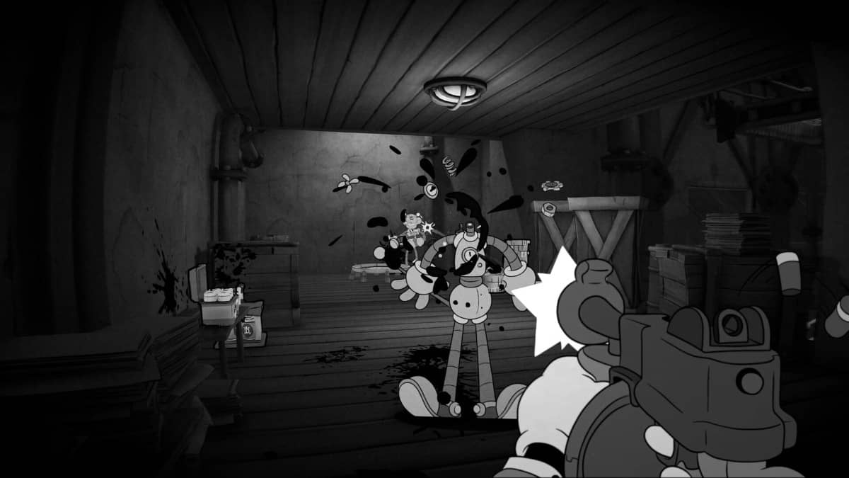 A robot mouse is destroyed piece by piece during a MOUSE: P.I. For Hire shootout with Gert Lush Gaming.