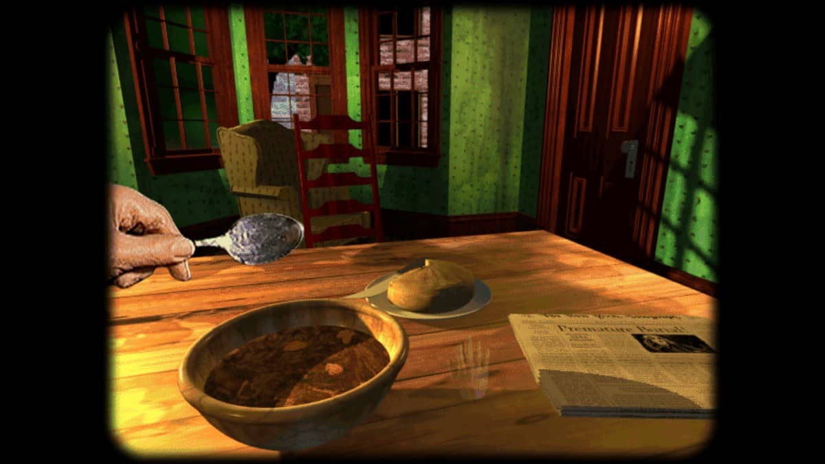 A character lifts a spoon to eat cereal at a breakfast table during a quiet moment in Poe's 1995 via Gert Lush Gaming.