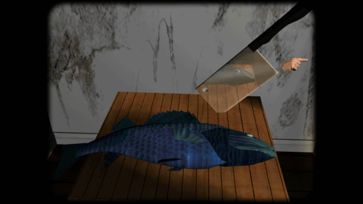 A massive butcher knife rests beside a dead fish on a rustic wooden table in a Gert Lush Gaming screenshot.