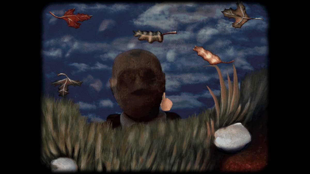 Leaves frame a mysterious face, setting the unsettling atmospheric scene in Poe's 1995 for Gert Lush Gaming.