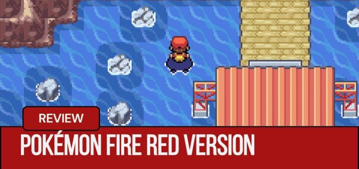 Ash Ketchum surfs across the water near the Cinnabar Island port in Pokémon Fire Red by Gert Lush Gaming.