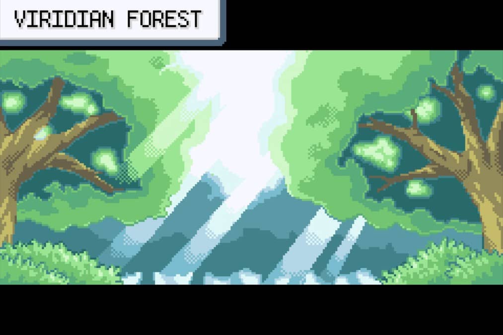 The Viridian Forest title card appears as Ash enters the woods in Pokémon Fire Red by Gert Lush Gaming.