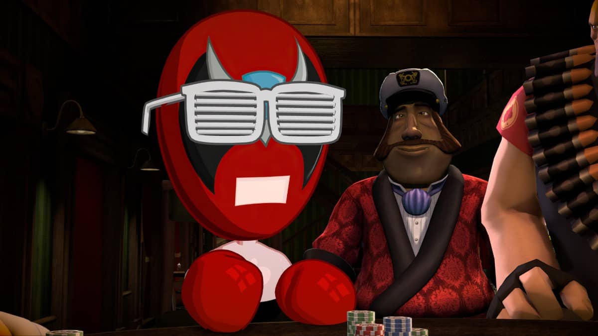 Strong Bad lounges with his feet up on the table wearing white shades in Poker Night at the Inventory for Gert Lush Gaming.