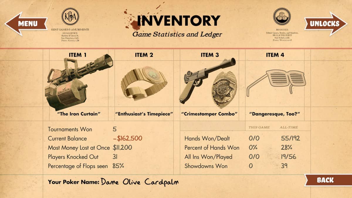 The inventory and unlock screen interface in Poker Night at the Inventory, reviewed by Gert Lush Gaming.