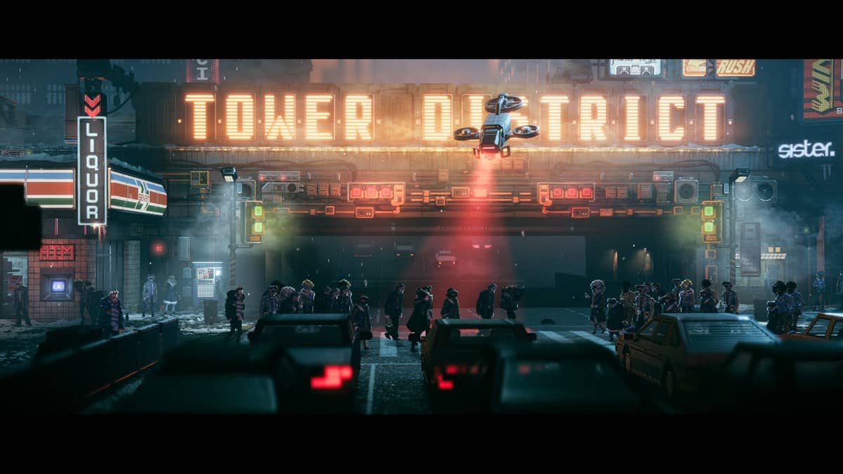 Reach sprints past a rain-soaked tower building illuminated by piercing neon lights in Replaced from Gert Lush Gaming.