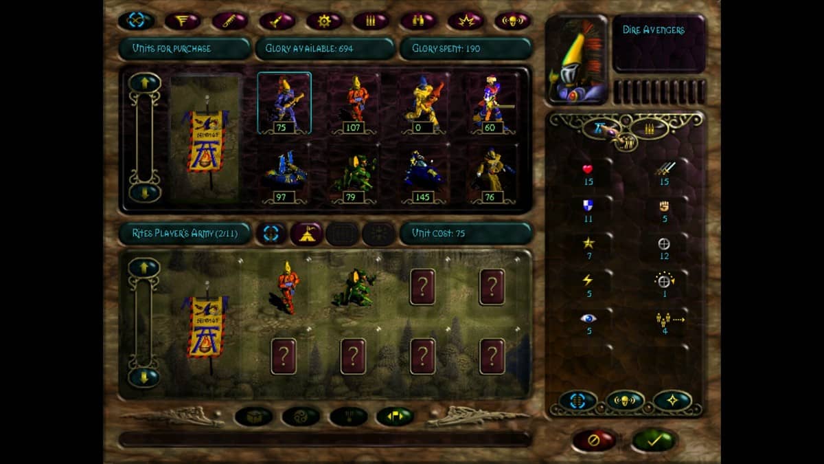 The game UI lets players customize and build their own Eldar army in Warhammer 40,000: Rites of War by Gert Lush Gaming.