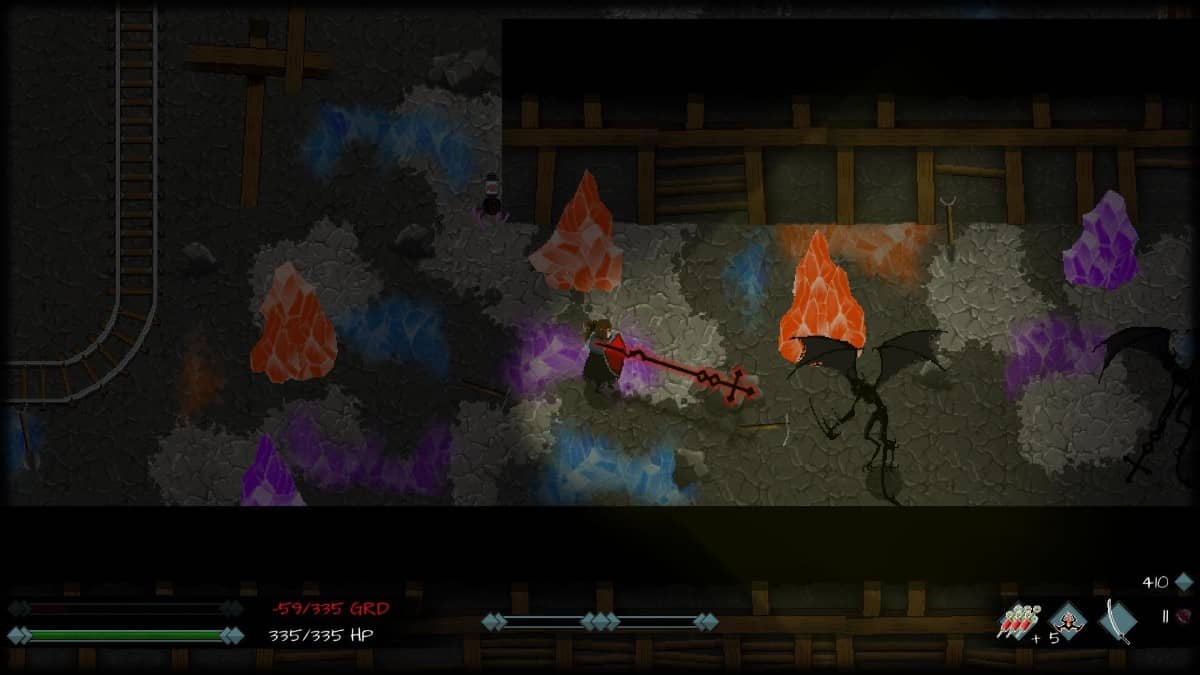 Gert Lush Gaming battles a bat-like creature deep within the Skautfold: Moonless Knight mining caverns.