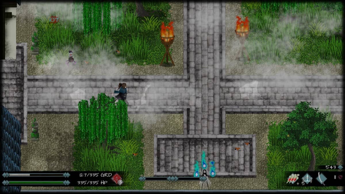 The player walks along stone paths through a misty garden in Skautfold: Moonless Knight on Gert Lush Gaming.