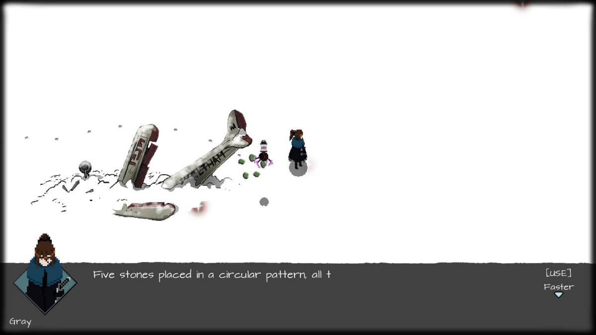 The hero and a companion trek through snow past a crashed plane in Skautfold: Moonless Knight on Gert Lush Gaming.