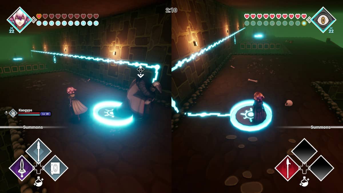 Two players battle side-by-side in local splitscreen mode during a Sword of the Necromancer: Resurrection run for Gert Lush Gaming.