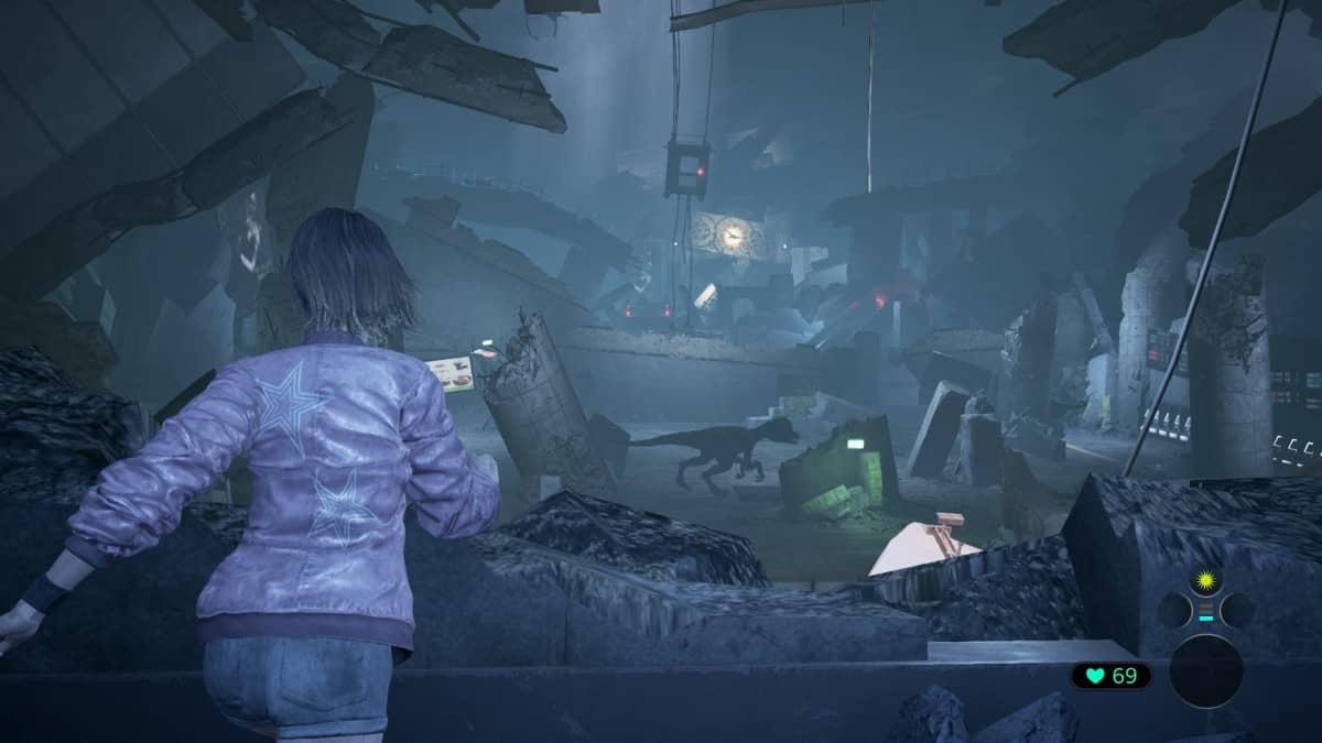 A dinosaur patrols a demolished subway station's remaining platforms in Tokyo Scramble for Gert Lush Gaming.