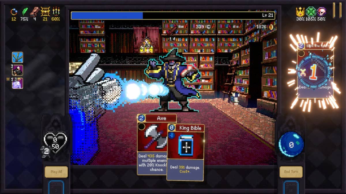 Gert Lush Gaming deals massive damage to an enemy within the library level of Vampire Crawlers.