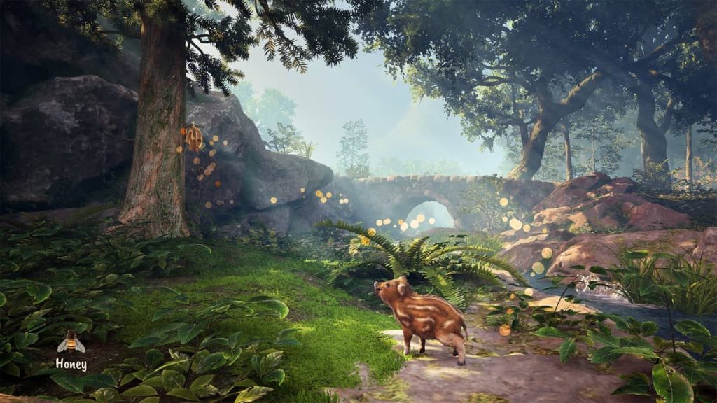 The pig follows a clear scent trail toward a beehive in Adorable Adventures by Gert Lush Gaming.