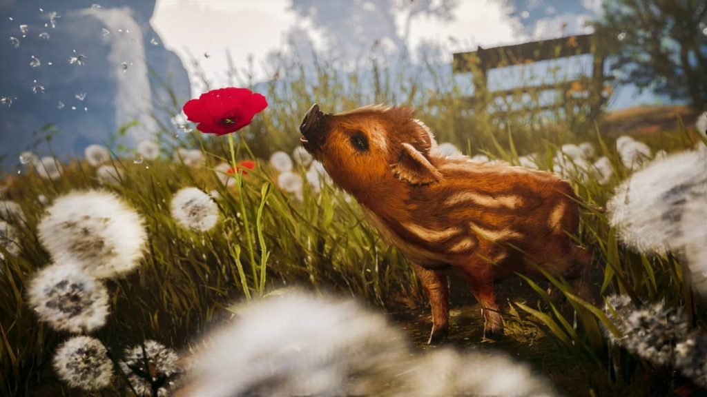 A close up of the pig sniffing a plant in a green meadow from Adorable Adventures by Gert Lush Gaming.