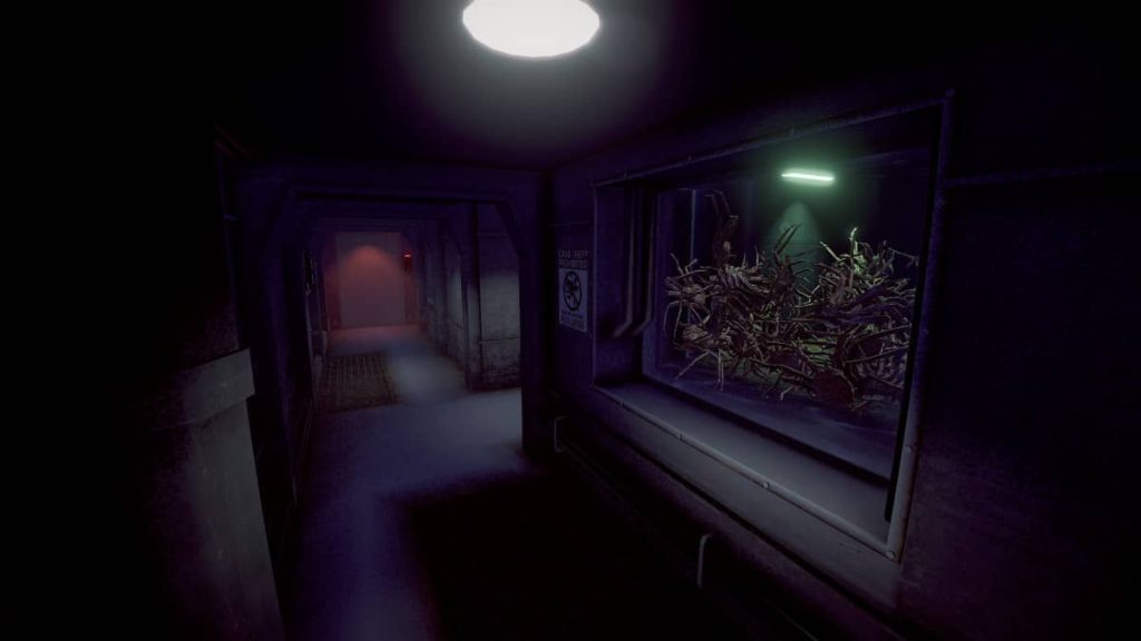 Crabs desperately claw at a window in a dark, eerie downstairs room glowing with red light in Crabmeat by Gert Lush Gaming.