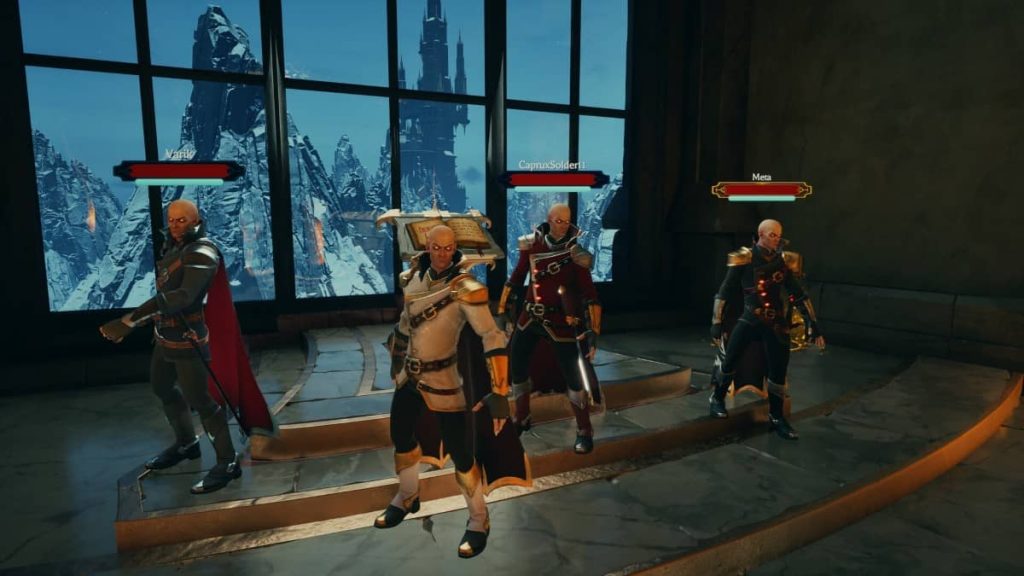 Four players assemble in the grand hub room by a massive window in Deadhaus Sonata from Gert Lush Gaming.