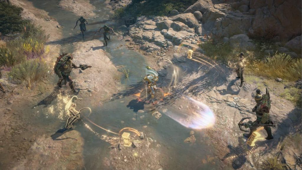A Paladin fights off water and crab enemies on a shoreline in Diablo IV Lord of Hatred by Gert Lush Gaming.